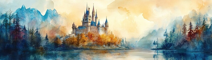 Majestic castle reflection enchanted lake watercolor art serene landscape aerial perspective fantasy concept