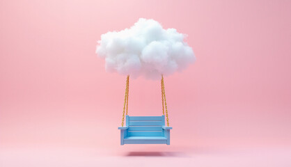 Dreamy swinging bench under cloud minimalist pink background creative conceptual image whimsical viewpoint