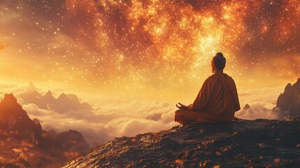 Fototapeta premium Meditative reflection at sunset mountainous landscape spiritual content tranquil environment serene viewpoint