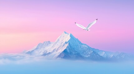 Fototapeta premium Seagull flying over snowy mountain peak at sunrise; peaceful landscape