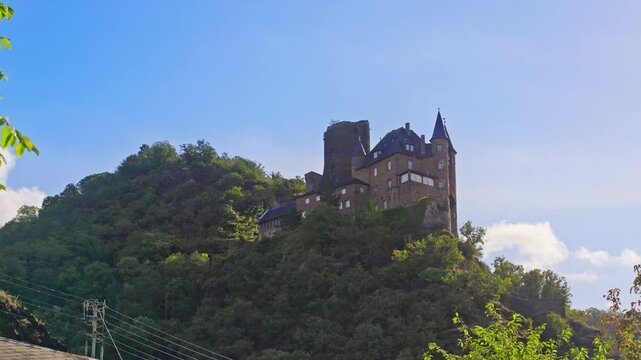 Katz Castle built in the 1300's is on top of a hill overlooking the Rhine River Valley below, Sankt Goar, Germany
