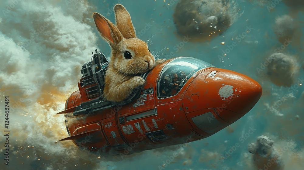 Poster adventurous bunny pilot outer space digital art cosmic environment playful viewpoint imagination unl