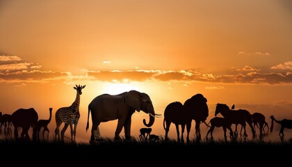 Majestic Gathering of African Fauna A Safari Row of Wildlife in Striking Isolation, Set against the Serengetis Golden Hour