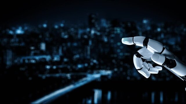 Futuristic robot artificial intelligence enlightening AI technology development and machine learning concept. Global robotic bionic science research for future of human life. 3D rendering graphic.