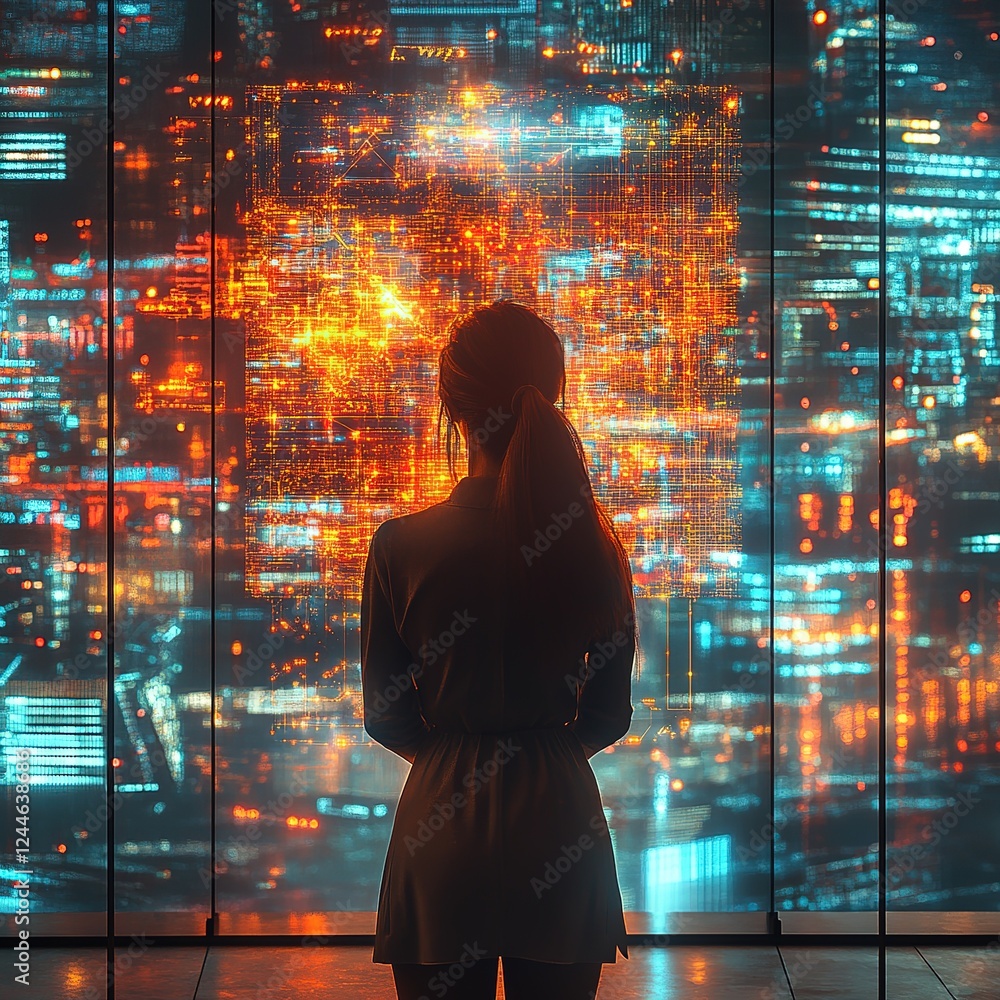 Poster exploring data visualization trends in technology urban environment digital art night view conceptua