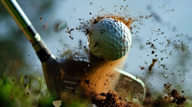 A golf ball flies in slow motion after being hit by a club, with dirt scattering in all directions