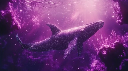 Fototapeta premium Mysterious giant whale emerging from a purple bioluminescent deep sea abyss, glowing plankton swirling around its form