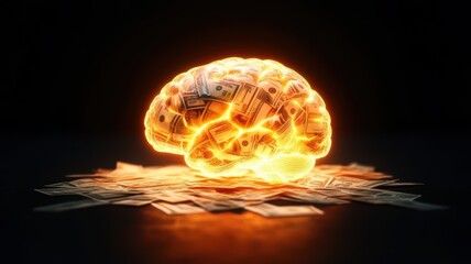 A glowing brain made of money sits on a dark surface, symbolizing the fusion of intellect and wealth.