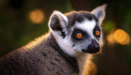 Obraz premium Enchanting Lemur Maki Caught MidLeap Amongst Lush Greenery and Glowing Bioluminescent Flowers in a Moonlit Tropical Rainforest