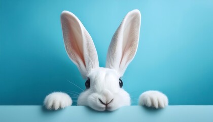 Obraz premium White rabbit ears playfully peeking from a hole on a pastel blue surface, perfect for an Easter decoration. Ai Generative