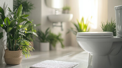 Empty modern bathroom interior design with white wc toilet bowl and houseplants in pots. sunlight coming through the window, clean sanitary decor and hygiene indoors. nobody, copy space, paper roll.