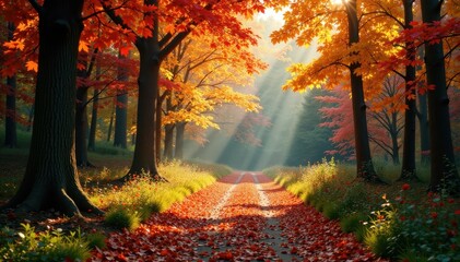 Fototapeta premium Crisp autumn day, sunlit path through colorful forest , fall, beautiful, woodland