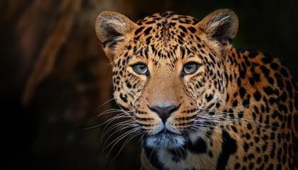 Obraz premium Intense Eye Gazes Striking Leopard UpClose, Showcasing a Perfect Blend of Wild Grace and Powerful Intensity in the African Savannah.