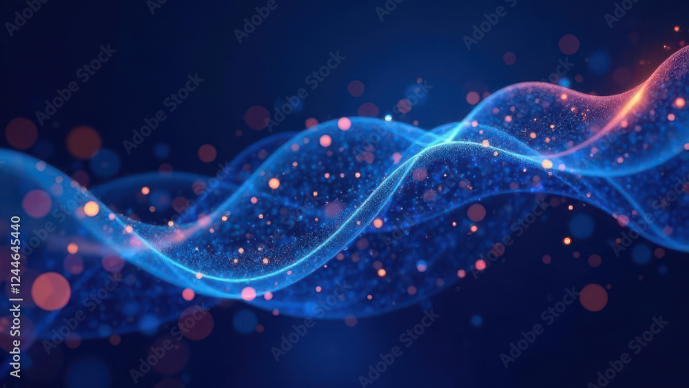 Poster vivid waves of light flow gracefully across a dark backdrop, illuminated by sparkling particles. thi