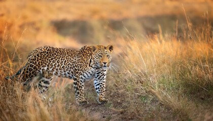 Stealthy Predator on the Prowl Majestic Leopard in Action against a Backdrop of Serene African Savannah during Dusk, Kenyan Masai Mara Wildlife Reserve