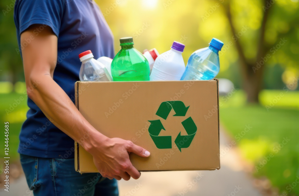 Poster a person holds a cardboard box filled with various recyclable bottles while standing on a path in a 