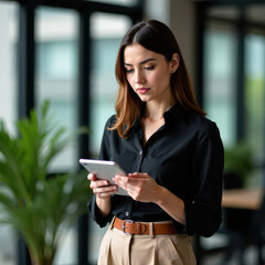 Fototapeta premium A woman in a black shirt and beige pants focuses on her tablet while standing in a contemporary office. Natural light shines through the large windows, creating a productive atmosphere.