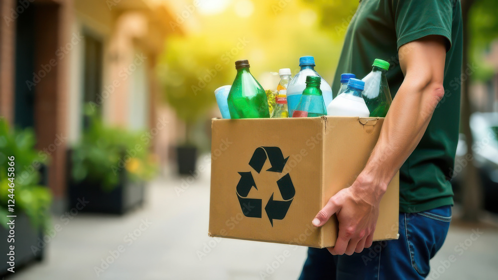 Poster a person is seen walking in an urban area while holding a box filled with various recyclable bottles
