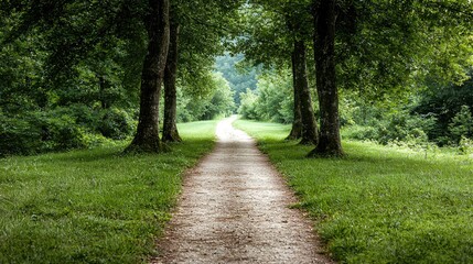 Obraz premium Serene path through trees, leading to forest; nature background, peaceful scene, travel, relaxation