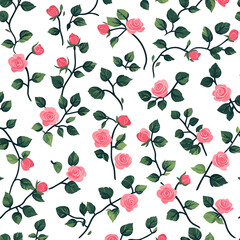 A floral pattern of pink roses and green leaves