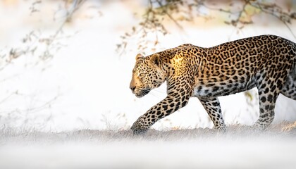 Obraz premium Powerful and Majestic Leopard Emerges from Shadows into Radiant Light, Captured in Stunning Detail in a Breathtaking Digital Artwork