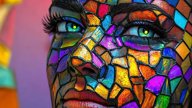 Vibrant mosaic face art with colorful stained glass effect