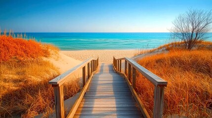 Obraz premium Wooden Pathway to Sandy Beach: A Serene Seascape. Tranquil ocean view, golden grass dunes, and a sunny day escape.