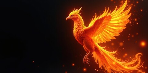 Fiery phoenix engulfed in flames, black backdrop, hot, ascension, fantasy