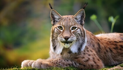 Fototapeta premium Restful Iberian Lynx Gaze Intently at Camera Amongst Rustic Landscape on January , at