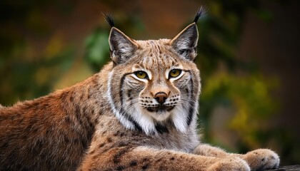 Fototapeta premium Relaxed Iberian Lynx Observing Intently as Camera Captures Moment, Spanish Wilderness Backdrop, Rich Brown Tones and Textured Fur Detail.