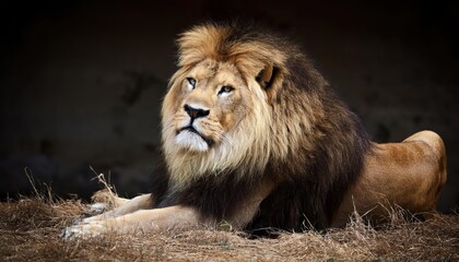 Fototapeta premium Majestic Closeup of a Regal Lion in the African Savannah, Showcasing Striking Golden Fur and Intense Gaze, Captured during the Magic Hour, Epitomizing Wildlife Photography.