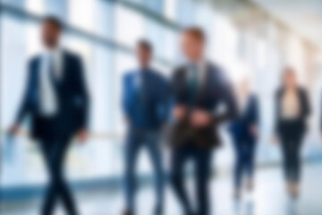 business people walking in the corridor of an business center, pronounced motion blur, crowded bright modern light office movement defocused. office background busy. talking and rushing in the lobby.