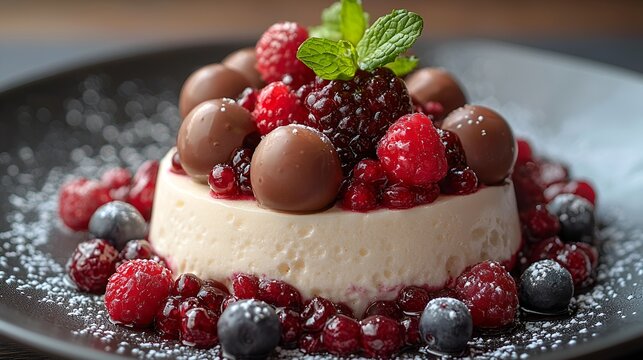 Creamy dessert with berries, chocolate, mint; restaurant dish