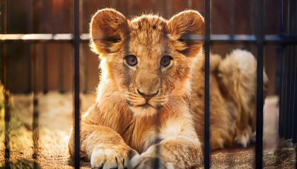 Vibrant Lion Cub Playfully Exploring Its Cage Against a Valiant Backdrop at the Zoo, Capturing the Wild Spirit of an Iconic Predator in the Heart of Urban Life.