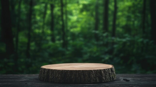 Wooden slice display, forest backdrop, nature product presentation - Powered by Adobe