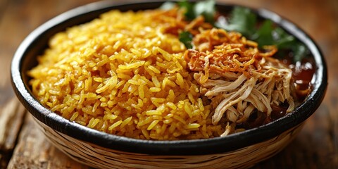 Delicious Biryani Rice with Crispy Fried Onions and Fresh Coriander in a Rustic Bowl - Flavorful Indian Cuisine, Aromatic Spices, Savory Dish, Gourmet Food
