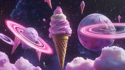 Ice cream cones floating in space with holographic planetary rings around them, scifi, dark background, digital painting. Astral Projection Themes. Illustration