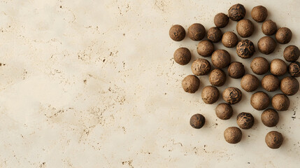 A few whole allspice berries arranged neatly on a light stone surface, their small round shapes creating an intricate pattern.