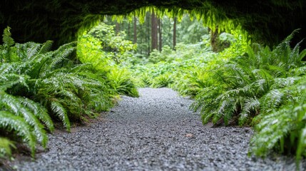 Forest trail under ferns, lush greenery, Pacific Northwest