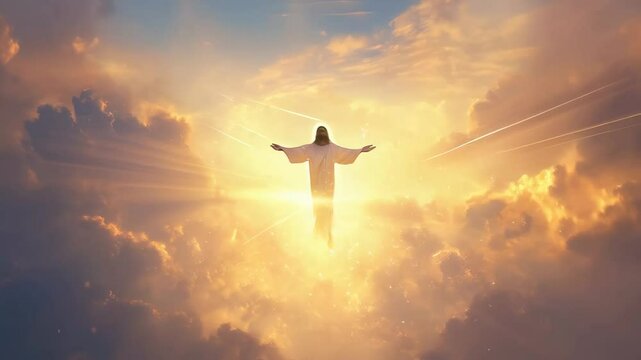 The resurrected Jesus Christ ascending to heaven surrounded by bright light and clouds. Ascension, resurrection, divine. Biblical scene, Christian religion concept. Easter, Good Friday, Palm Sunday