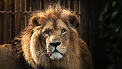 Obraz premium Powerful Majesty A Close Encounter with a Regal Lion in the Heart of the Zoo, Capturing the Vigilance and Nobility of Africas King of Beasts.