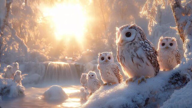A group of beautiful owls at snowy panorama