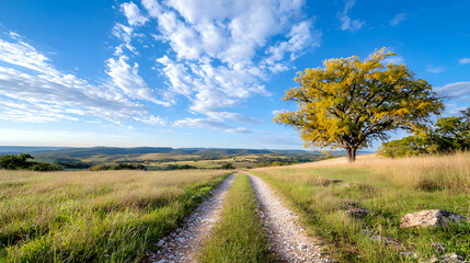 Obraz premium Country road leads to hilltop tree, scenic view