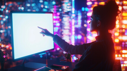 Urban Workspace with Young Woman and Neon City Lights