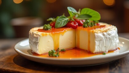 Camembert cheese on plate with sauce, orange jam, fresh green basil leaves and red cherry tomatoes. Brie type of cheese. Italian, French cheese. 