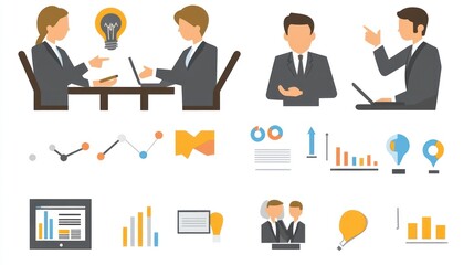 Business meeting, brainstorming ideas, office, data analysis, teamwork, presentation, website