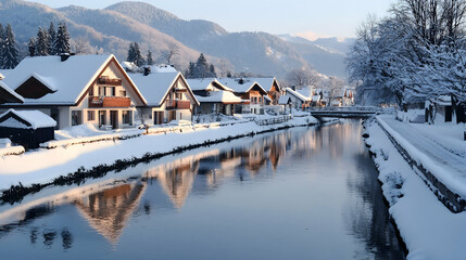 Fototapeta premium Snowy village river reflection, winter mountains background. Ideal for travel brochures