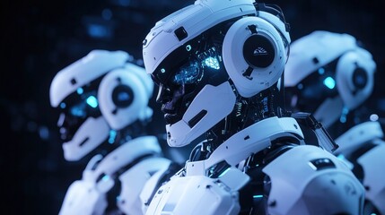 Fototapeta premium Futuristic robots standing in a row with glowing eyes