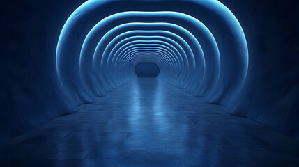 Obraz premium Futuristic blue neon tunnel, abstract background, sci-fi