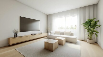 minimalist, living room, interior, design. A modern, minimalist living room featuring a large TV, light furniture, natural light, and a decorative plant for a fresh ambiance.